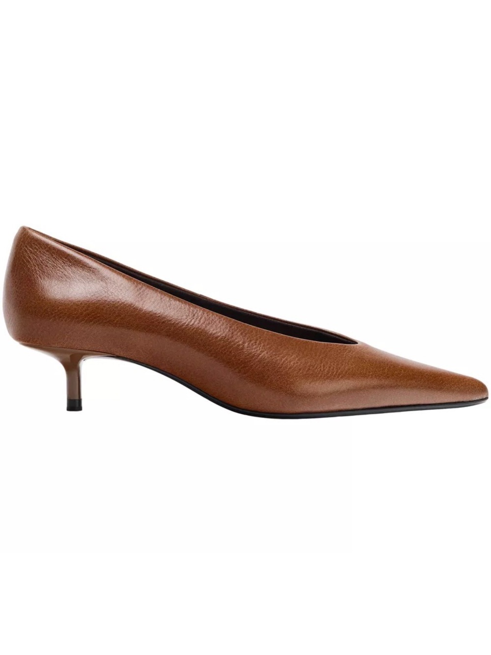 Women's Brown Leather Pointed-Toe Kitten Heel Pumps